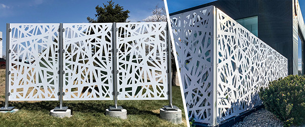 Two examples of white perforate panels with posts
