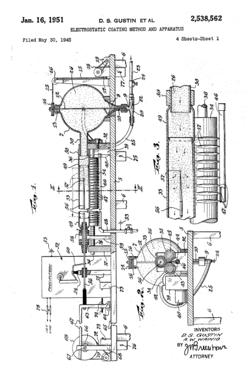 Electrostatic coating method and apparatus. Invented by Daniel S Gustin Albert W Wainio